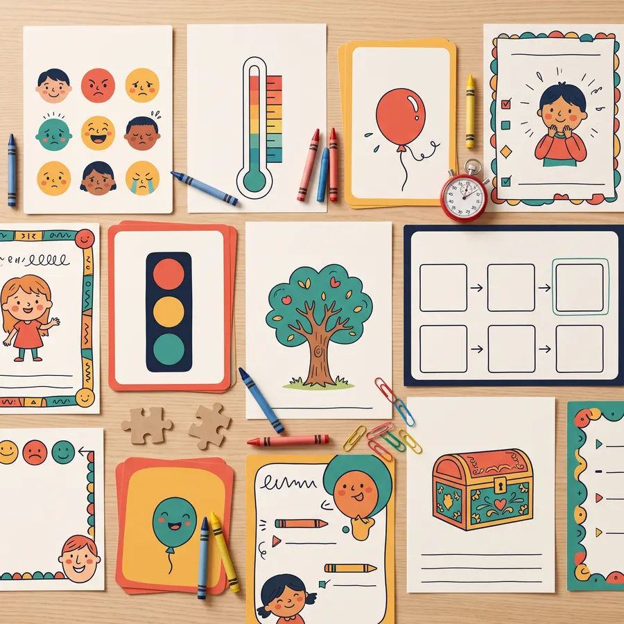 Fichas terapéuticas infantiles coloridas impresas sobre la mesa