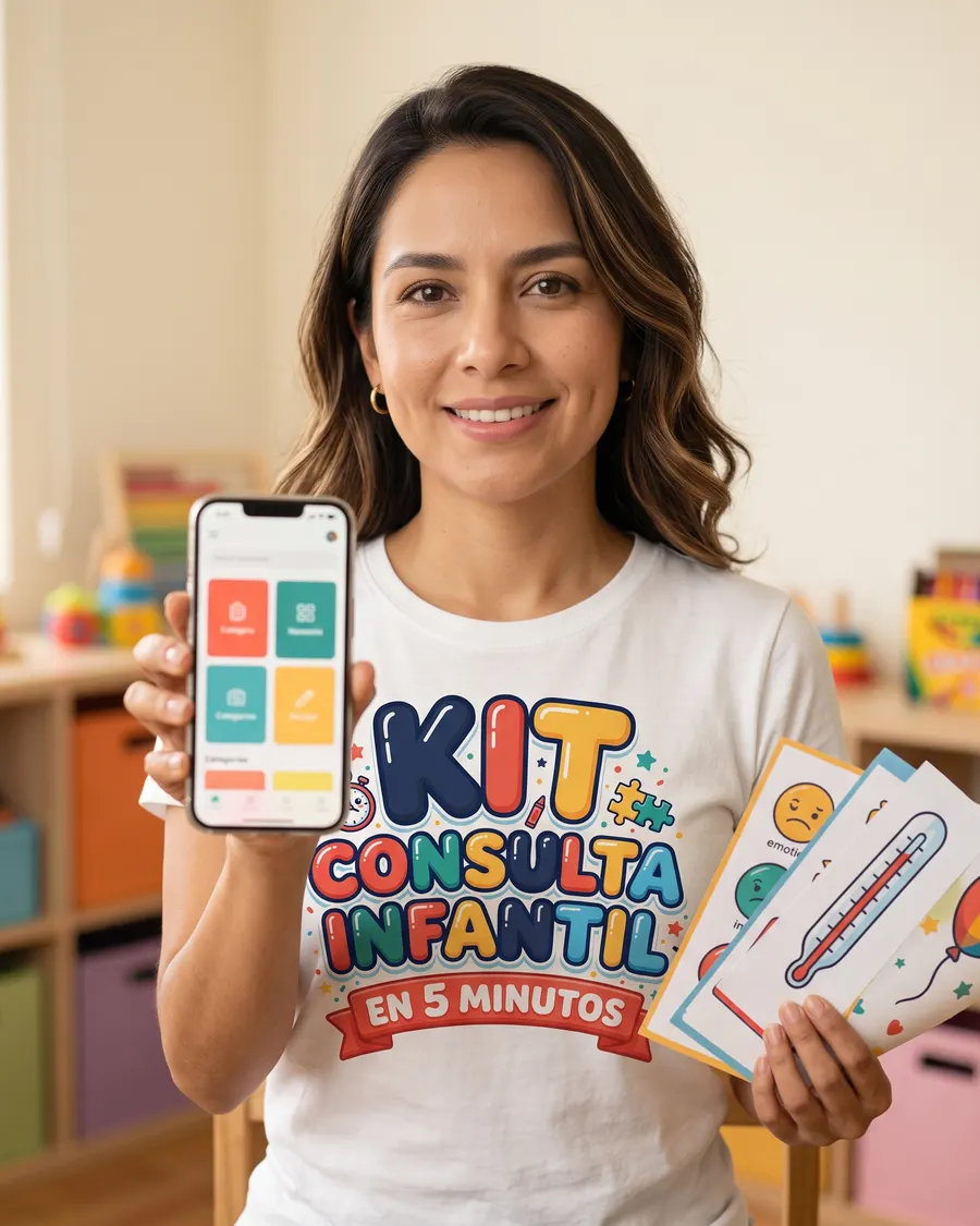 Valentina mostrando la plataforma del kit en el celular y fichas impresas