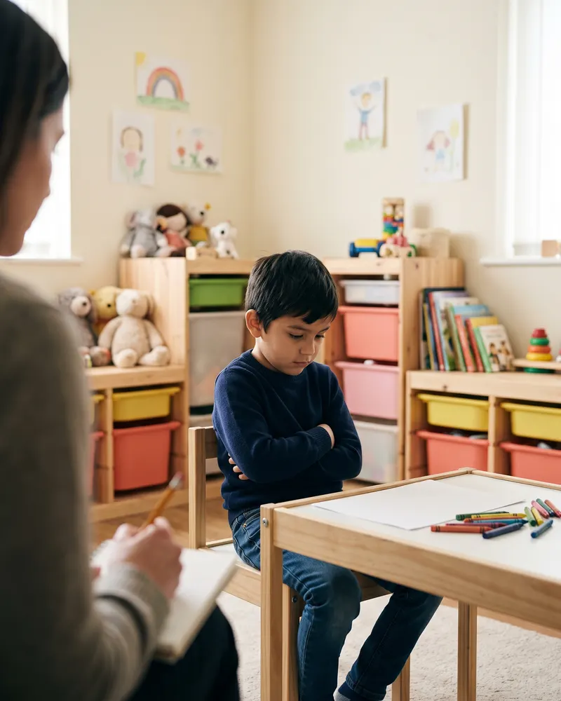 Niño sentado en silencio en un consultorio infantil